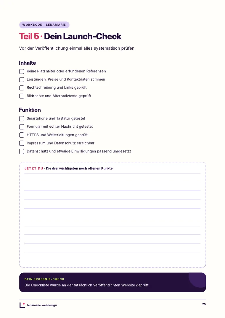 Beispielseite: Launch-Check mit Checkliste und Notizfeld