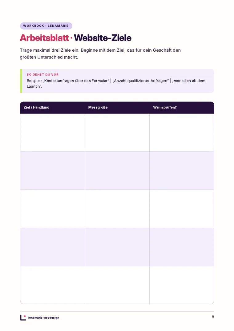 Beispielseite: Arbeitsblatt Website-Ziele mit Tabelle zum Ausfüllen