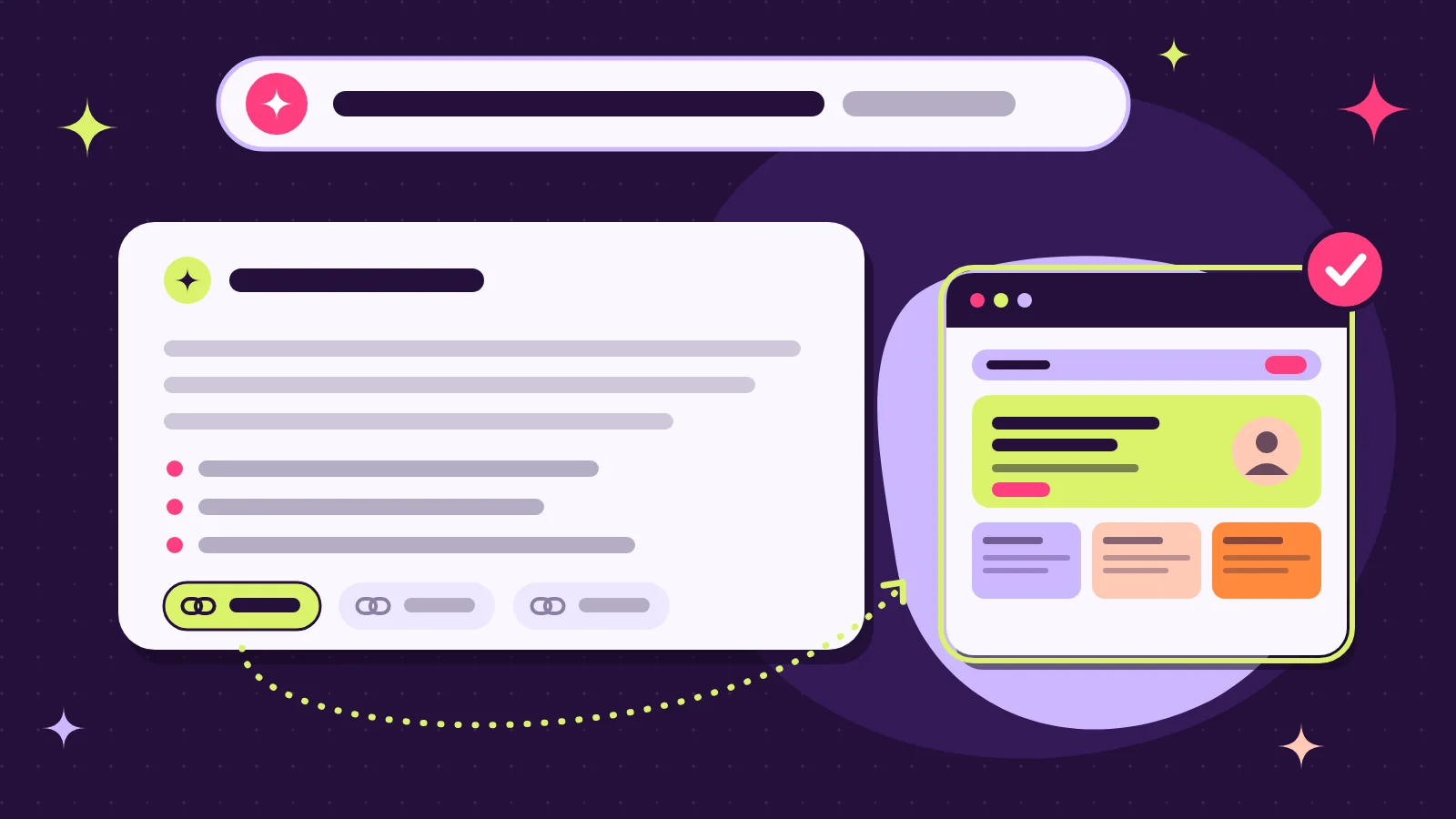 Illustration: KI-Suchfeld mit zusammengefasster Antwort und Quellenlink, der zu einer Website mit Häkchen führt, als Symbol für die Sichtbarkeit einer Website in ChatGPT und KI-Suche