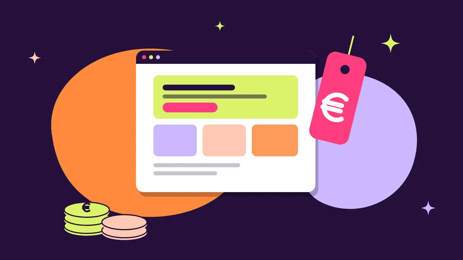 Illustration eines Browserfensters mit Preisschild und Euro-Münzen als Symbol für die Kosten einer professionellen Website 2026