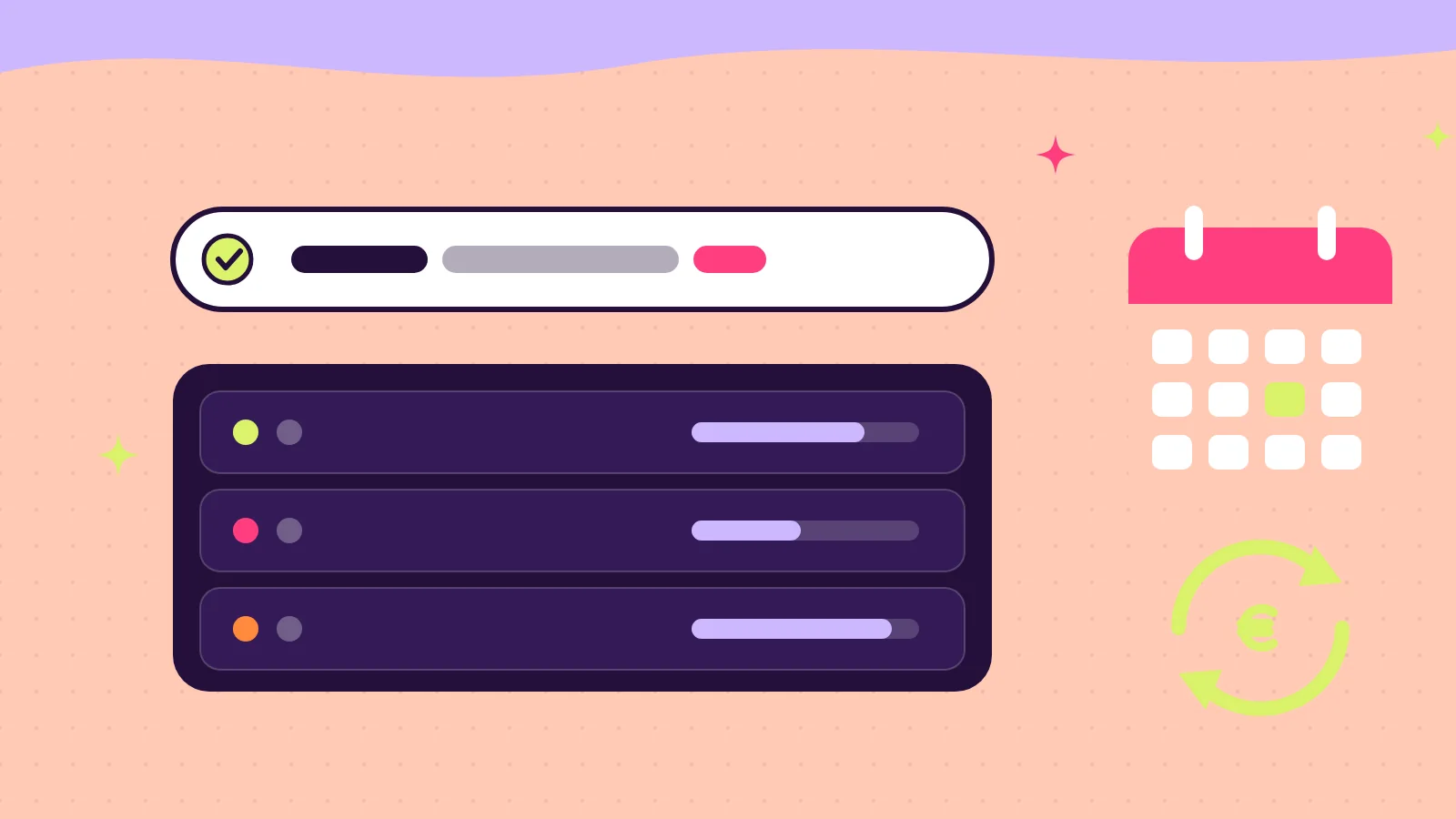 Illustration mit Domain-Adressleiste, Server und Kalender mit Euro-Zeichen für die laufenden Kosten einer Website durch Domain, Hosting und Wartung