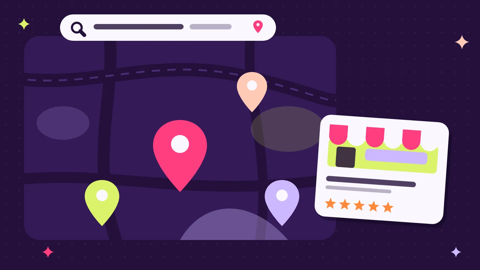Karte mit Standort-Pins, Suchleiste und Unternehmensprofil mit Sternebewertung als Symbol für lokale Suchmaschinenoptimierung und das Google Unternehmensprofil