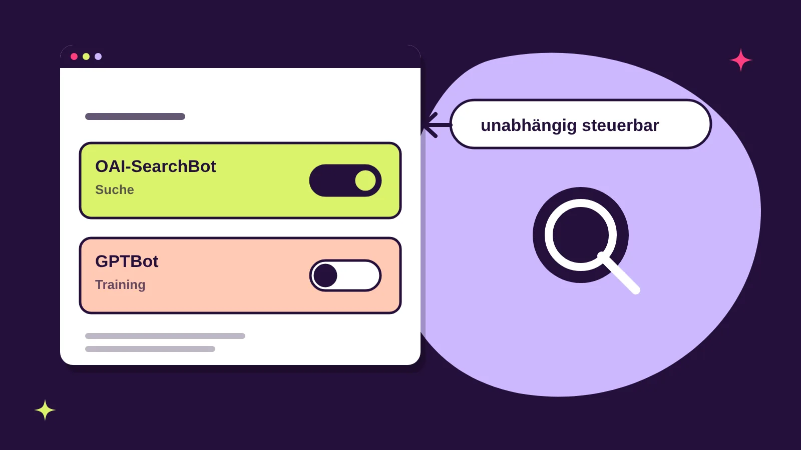 robots.txt mit den Crawlern OAI-SearchBot für die ChatGPT-Suche und GPTBot für das Training, die unabhängig voneinander gesteuert werden