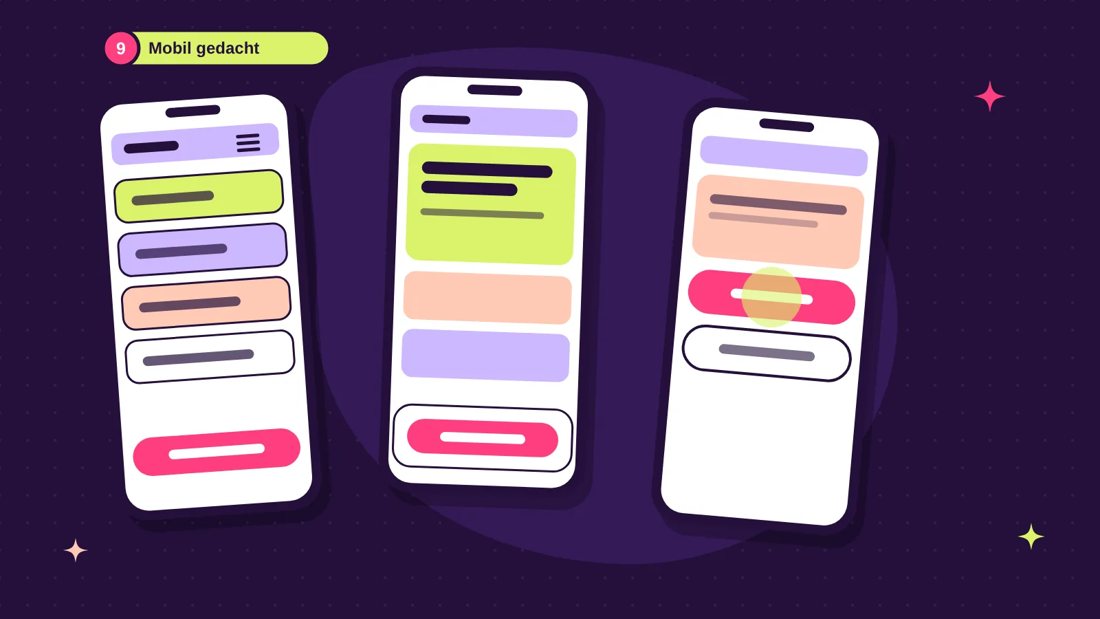 Drei Smartphones mit mobiler Startseite: geöffnetes Menü, feststehender Kontakt-Button am unteren Rand und gut erreichbare Buttons
