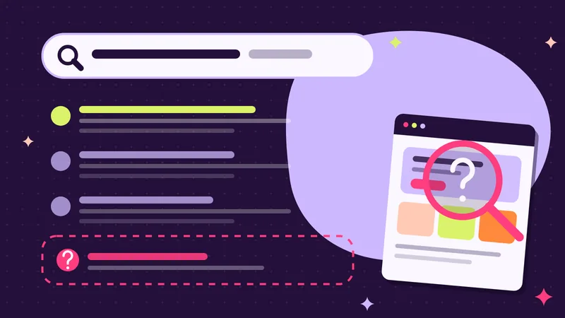 Illustration: Google-Suchleiste mit Trefferliste, in der die eigene Website fehlt, und Lupe mit Fragezeichen über einer Website als Symbol für eine Website, die bei Google nicht gefunden wird