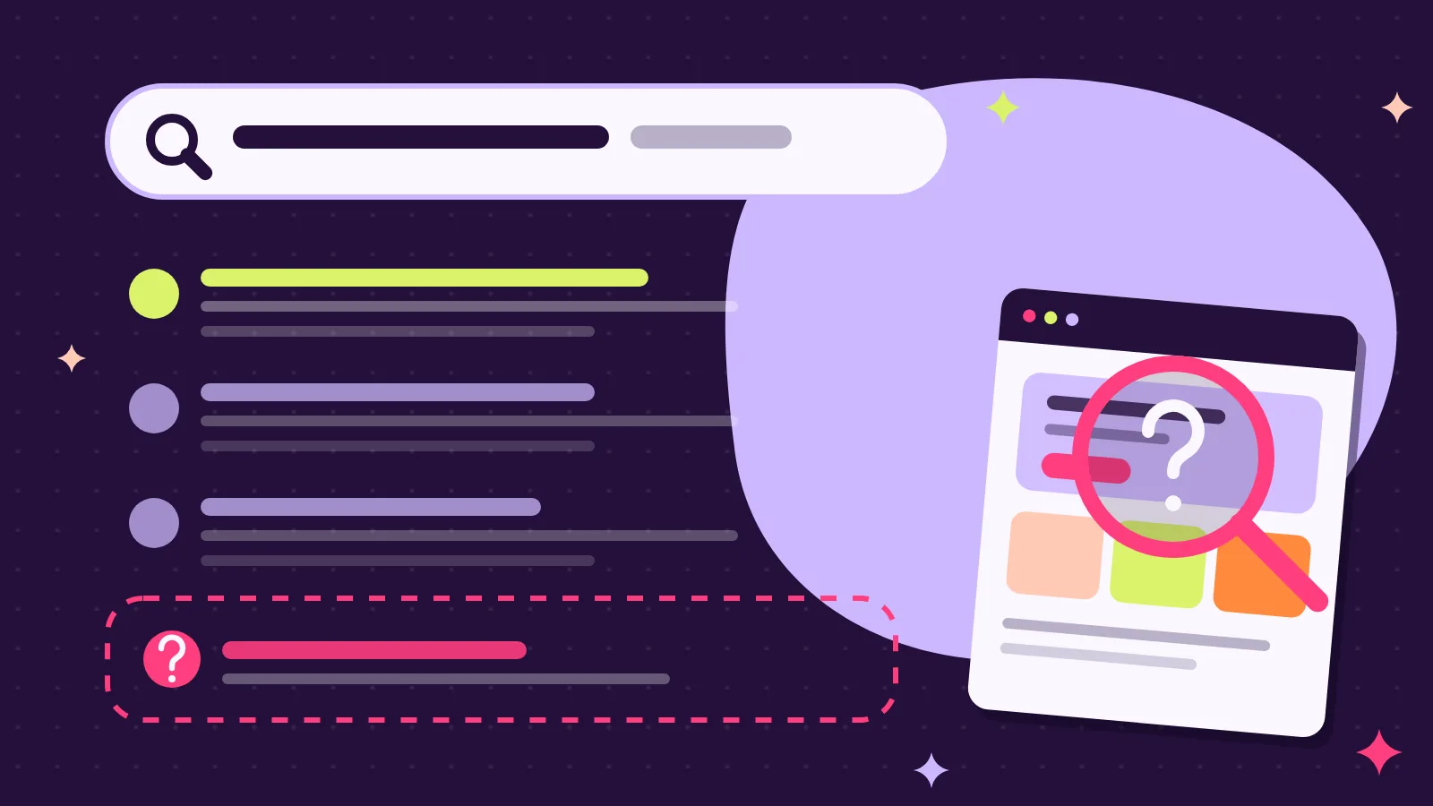 Illustration: Google-Suchleiste mit Trefferliste, in der die eigene Website fehlt, und Lupe mit Fragezeichen über einer Website als Symbol für eine Website, die bei Google nicht gefunden wird