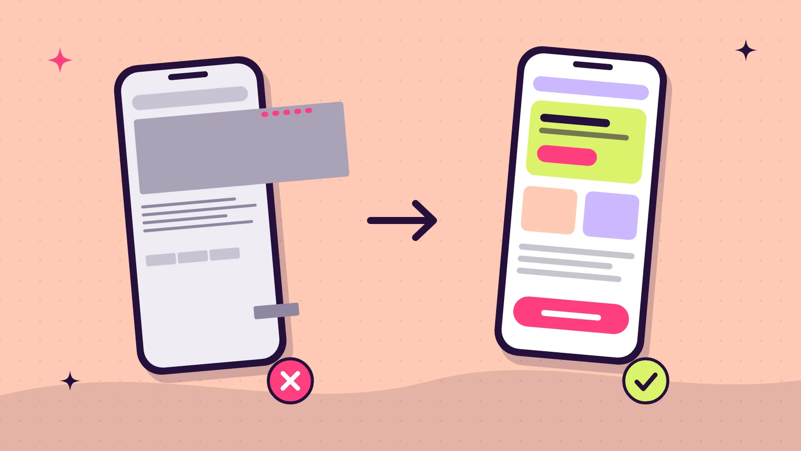 Zwei Smartphones im Vergleich: links eine nicht responsive Website mit herausragendem Bild, rechts eine mobil optimierte Website mit gut klickbarem Button