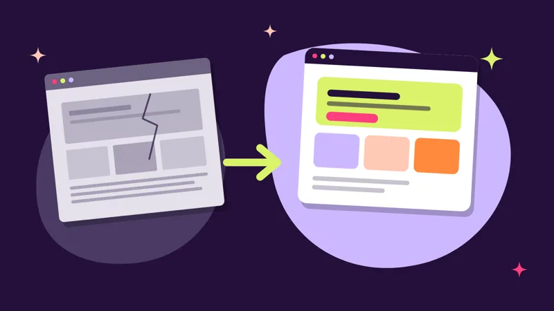 Illustration: Eine veraltete Website mit Riss im Layout wird durch eine moderne, farbige Website ersetzt, als Symbol für die Überarbeitung einer Website